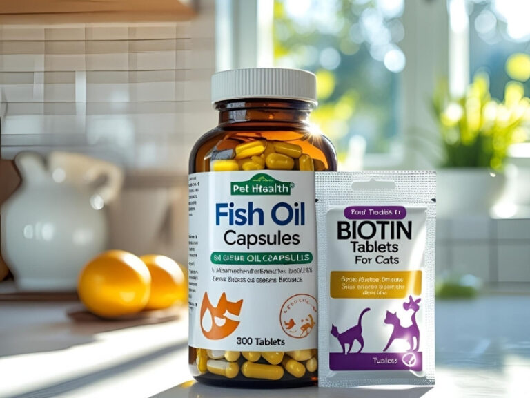 Fish oil capsules and biotin supplements beneficial for cat skin and coat health.