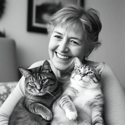 A joyful 50-year-old woman with short gray hair, smiling warmly while holding a fluffy domestic cat in her arms.jpg